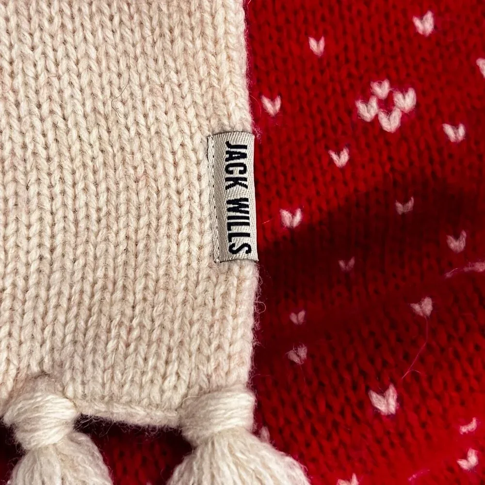 Jack Wills Wool Blend Nordic Tree Scarf, NWOT, Red Cream, OS